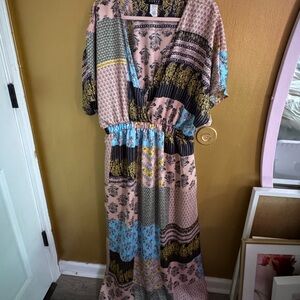 Elegant Patchwork Maxi Dress in Pink and Blue